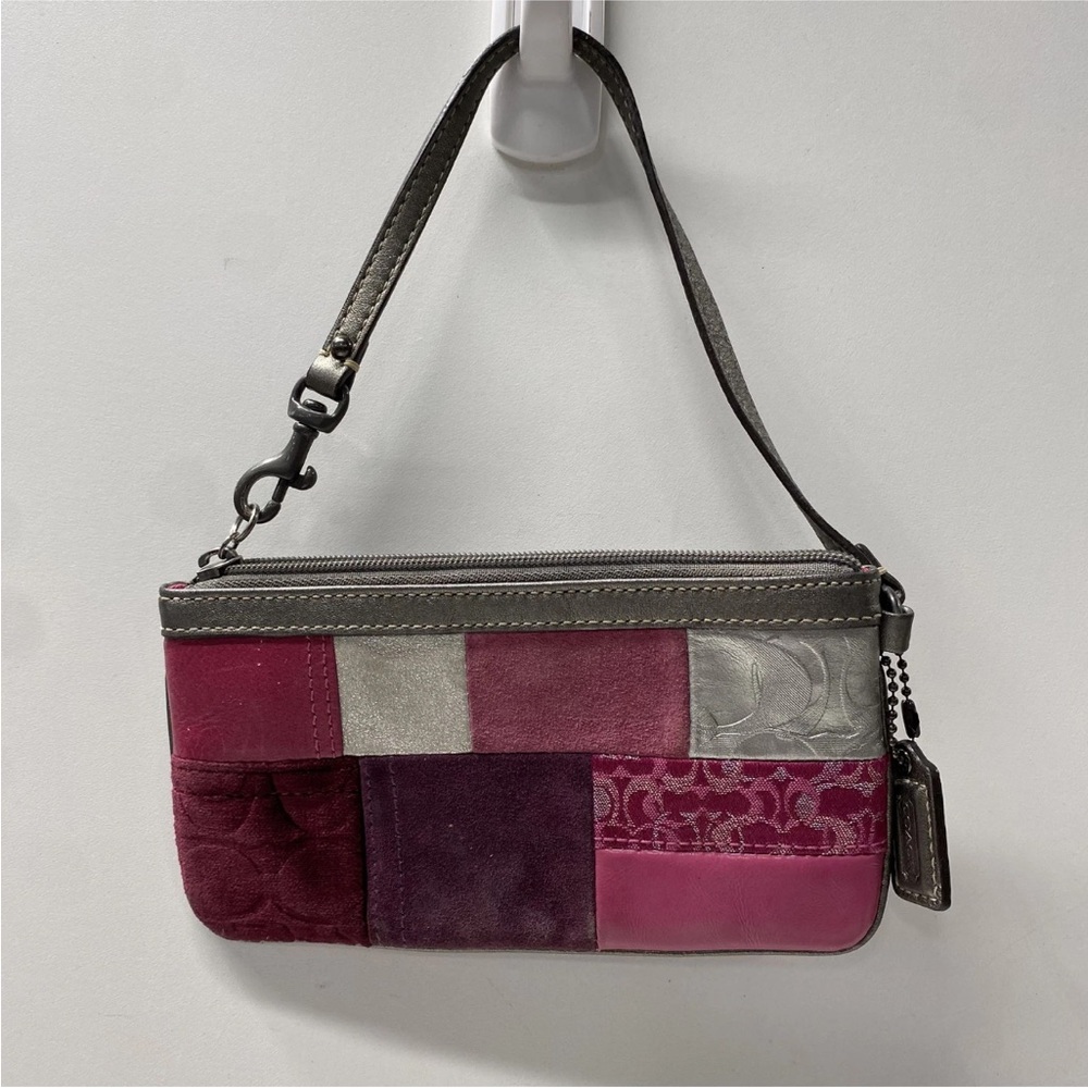 Coach Pink Patchwork Wristlet Clutch with Metallic Accents